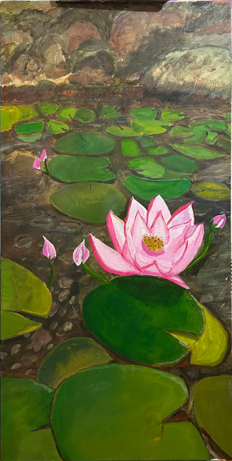 Water Lily with Lily pads and a blooming lotus flower. There are rocks along the bank in this impressionistic painting by Jolie Theall