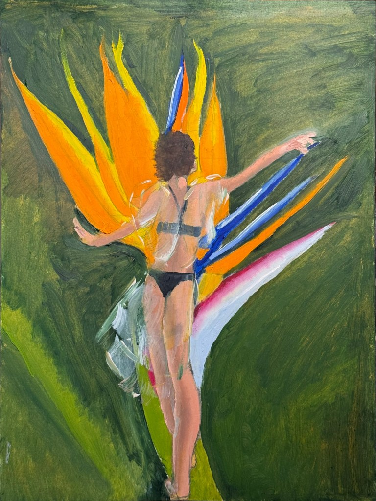 A mischievous Sprite/ Fairy/ Fae dances along the stem of a bird of paradise flower, which is surrounded by a sea of green.