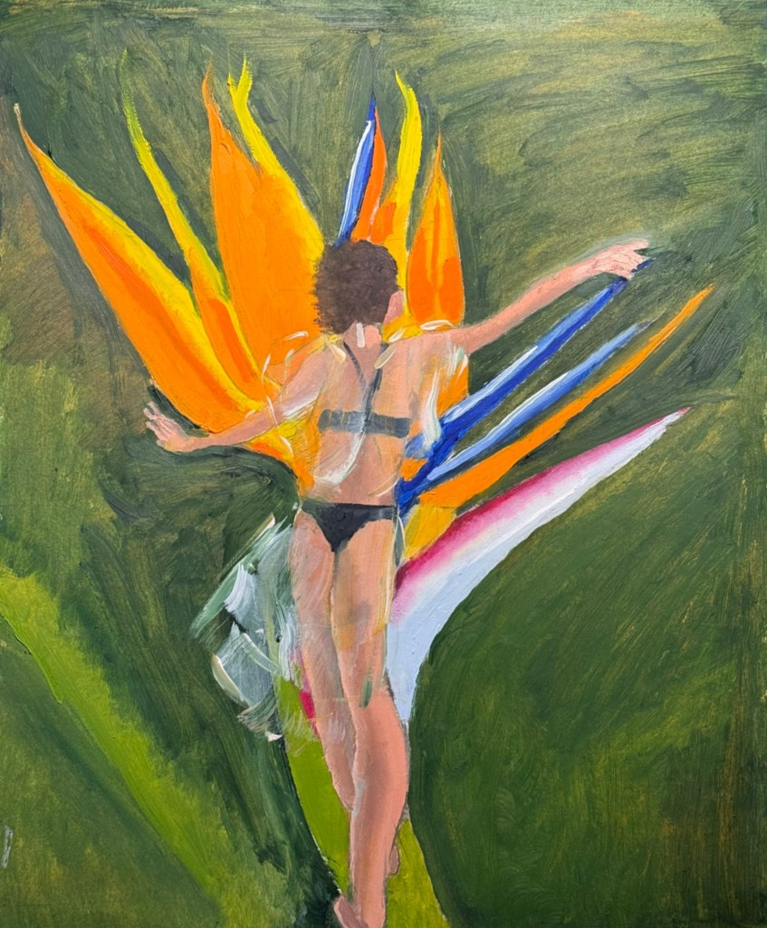 A mischievous Sprite/ Fairy/ Fae dances along the stem of a bird of paradise flower, which is surrounded by a sea of green.