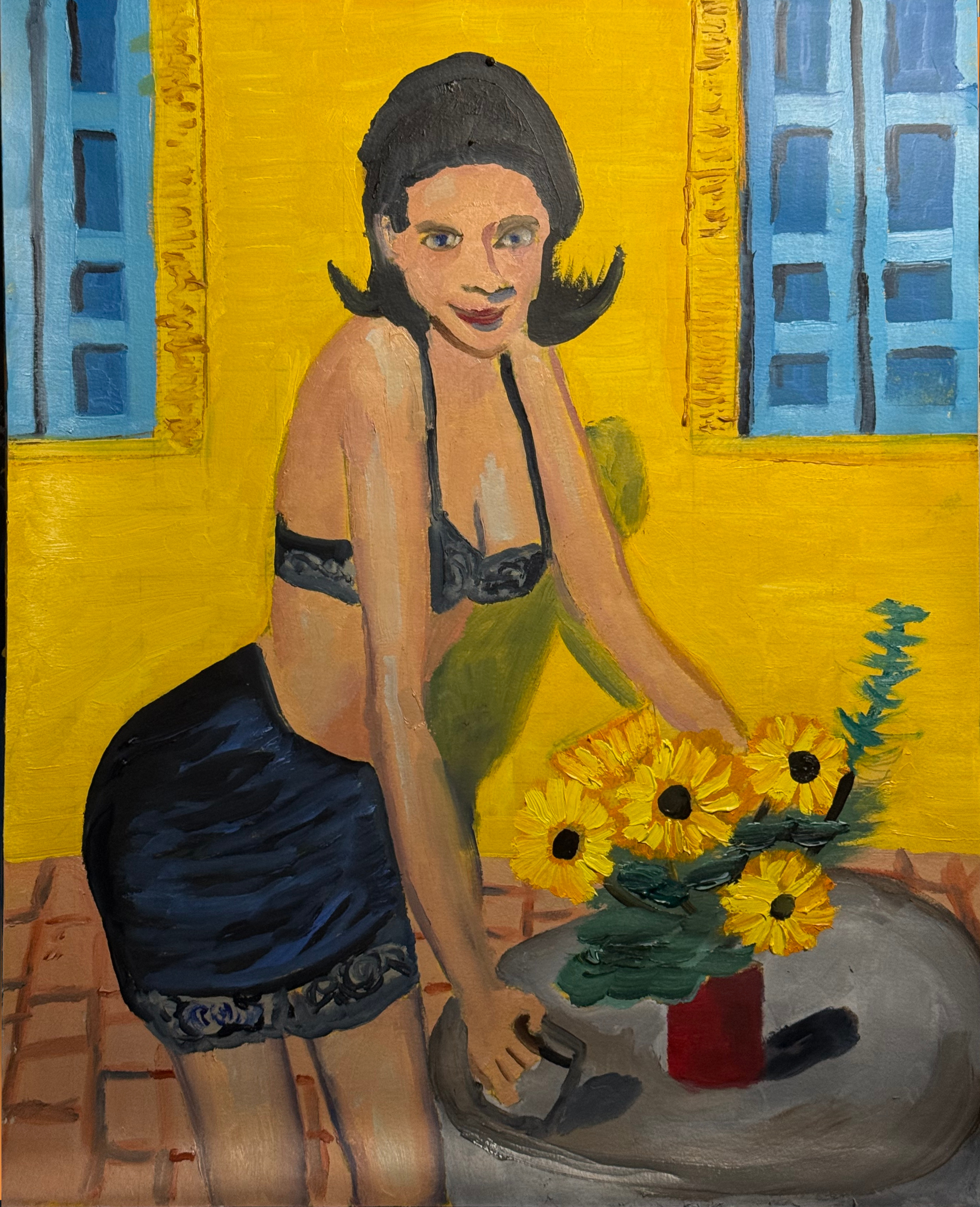 This painting features a woman watering a bouquet of yellow flowers. The painting is bright. From the yellow and turquoise courtyard, it appears to be a Mexican beach town or Mediterranean villa.